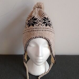 Fair Isle Beanie Ear Flap Pom-Pom Tan & Black Flowers Soft Lining OS